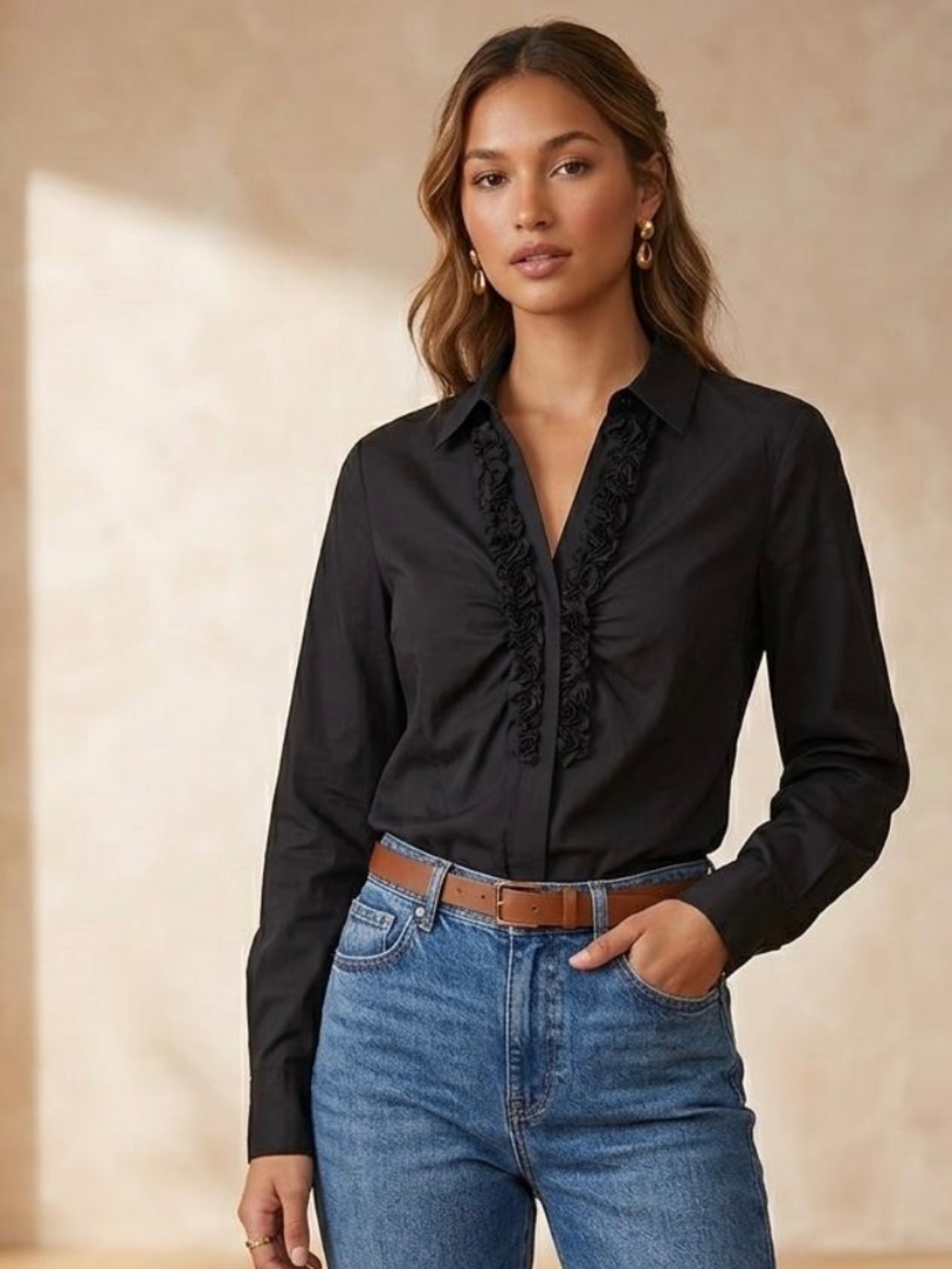 ESCADA SPORT Black Silk-Blend Ruffle Front Button Down Blouse - Size 38/Medium